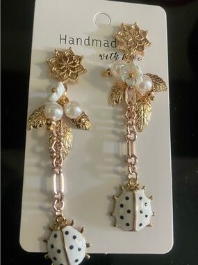 Gold Floral Pearl Drop Earrings with White Polka Dot Ladybug
